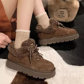 Зимние ботинки для женщин 2025 года, новые теплые зимние ботинки с толстой подошвой и подкладкой, короткие ботинки для женщин 35 коричневый
