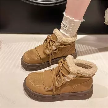 Зимние ботинки для женщин 2025 года, повседневные, со шнуровкой, утепленные, с подкладкой, удобные, с толстой подошвой, высокие, с низкой посадкой, из хлопка 35 коричневый