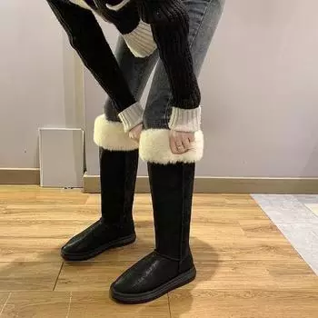 Зимние ботинки для женщин, флисовые теплые зимние ботинки, роскошные дизайнерские меховые высокие сапоги, женские удобные туфли на плоской подошве, длинные ботинки 35