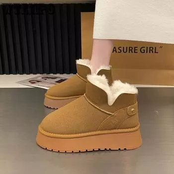 Зимние ботинки для женщин, короткие зимние ботинки с меховой отделкой и толстым флисом для тепла, зимняя хлопковая обувь, обувь для хлеба 35 чёрный