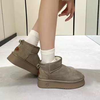 Зимние ботинки для женщин, коровья замша, толстая хлопковая подошва, теплые ботинки, универсальная хлопковая обувь, осенне-зимняя, с интегрированным мехом, косой носок 35 дубильная кора