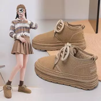 Зимние ботинки для женщин, нескользящие полусапожки с меховой флисовой подкладкой, зимние теплые замшевые короткие ботинки на платформе, женские удобные ботинки для ходьбы на шнуровке 35