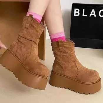 Зимние ботинки для женщин, обувь на мягкой зимней платформе, новинка 2025 года, меховые плиссированные ботильоны, женские ботинки до середины голени на толстой подошве 35 чёрный