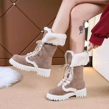 Зимние ботинки для женщин с густым мехом и плюшем, осенне-зимние, новый стиль, плоская подошва, круглый носок, хлопковая обувь для женщин 36 коричневый