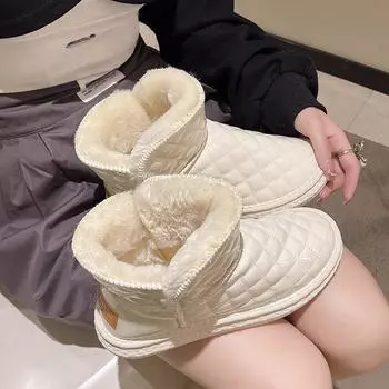 Зимние ботинки для женщин с толстым бархатом и короткими ботинками, водонепроницаемая хлопковая обувь с кожаной поверхностью 36 чёрный