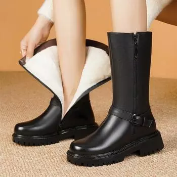 Зимние ботинки для женщин Зимняя обувь Женские ботильоны на плоской подошве Натуральная кожа Нескользящие Большие размеры Натуральная шерсть Женские длинные ботинки 35