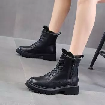 Зимние ботинки из мягкой кожи на толстой подошве, женские зимние ботинки на меху, черные бархатные толстые хлопковые ботинки, теплая хлопковая обувь на толстой подошве 35