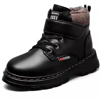 Зимние ботинки из натуральной кожи для мальчиков, толстые теплые зимние ботинки для детей, нескользящая обувь на мягкой подошве для подростков 28 чёрный