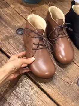 Зимние ботинки из натуральной кожи и шерсти, женская обувь, теплые женские ботильоны на шнуровке с круглым носком на плоской подошве для отдыха 35 чёрный