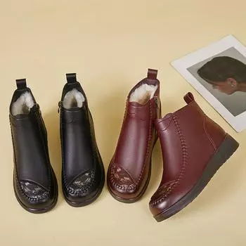 Зимние ботинки из натуральной кожи женские туфли на плоской подошве нескользящие теплые ботильоны на плоской подошве для мам водонепроницаемые нескользящие ботинки 35 чёрный