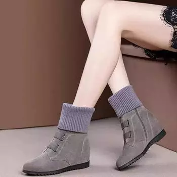 Зимние ботинки из натуральной кожи, женские, увеличивающие рост изнутри, короткие ботинки с толстой подошвой, плюшевые, теплые, шерстяные ботинки 34