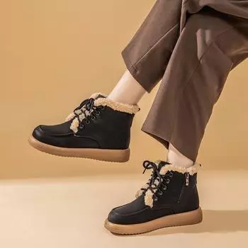 Зимние ботинки из овечьей шерсти и кожи на плоской подошве, женские, зимние, 2024, новые, утепленные, короткие, из бархата, со шнуровкой, из термохлопка 35 чёрный