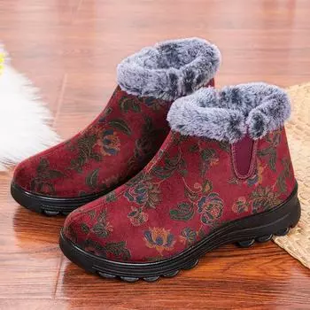 Зимние ботинки из старой пекинской ткани, женские бархатные теплые женские зимние ботинки с одной педалью, обувь для мам среднего и пожилого возраста, пожилые хлопковые ботинки 35 чёрный