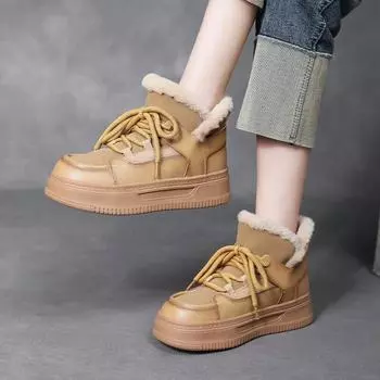 Зимние ботинки Johnature на толстой подошве из шерсти, универсальные женские плюшевые теплые короткие ботинки из натуральной кожи на шнуровке 35 абрикосовый