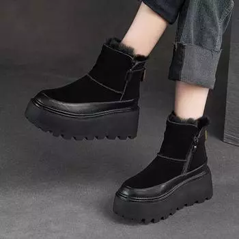 Зимние ботинки Johnature на толстой подошве с плюшевой теплой боковой молнией, универсальная однотонная женская обувь в стиле ретро 36 чёрный