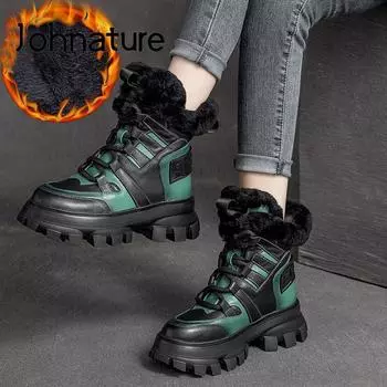 Зимние ботинки Johnature, женская обувь из натуральной кожи, разноцветные плюшевые теплые ботинки на шнуровке для отдыха, ботинки на платформе ручной работы