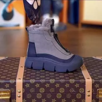 Зимние ботинки на молнии женские 2025 осень и зима новые бархатные теплые кожаные ботинки модные повседневные ботинки из хлопка на толстой подошве женская обувь на мягкой подошве 35 чёрный