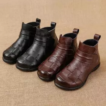 Зимние ботинки на платформе для женщин с теплой меховой подкладкой, ботильоны на низком толстом блочном каблуке, удобные женские кожаные нескользящие короткие ботинки для ходьбы 35