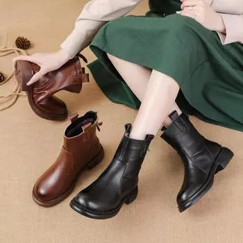 Зимние ботинки на платформе для женщин с теплой меховой подкладкой, низкие, толстые, блочные, ботильоны, женские кожаные, нескользящие, короткие ботинки «Челси» для ходьбы 35