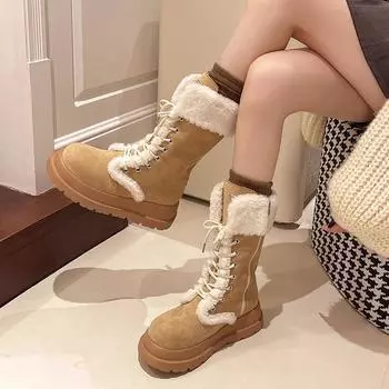 Зимние ботинки на шнуровке женские зимние новые ботинки 2024 года пушистые зимние хлопковые ботинки на толстой подошве из бархата термообувь из хлопка 35 хаки