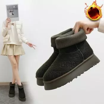Зимние ботинки на толстой платформе для женщин, нескользящие короткие ботинки с подкладкой из искусственного меха, женские повседневные теплые ботильоны для улицы, дома и дома 35 чёрный