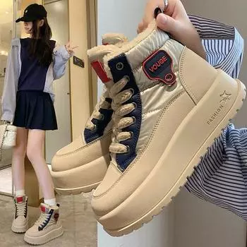 Зимние ботинки на толстой платформе для женщин, короткие ботинки с подкладкой из искусственного меха, кроссовки для ходьбы на шнуровке, женские нескользящие теплые ботильоны из искусственной кожи 35 синий