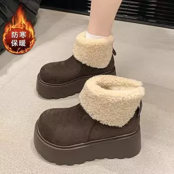 Зимние ботинки на толстой подошве для женщин, зима 2024, новые, утолщенные, хлопковые, с небольшим вывернутым ворсом, теплые, хлопковые ботинки, хлопковая обувь 35 жёлтый