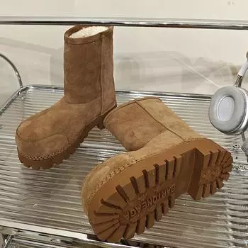 Зимние ботинки на толстой подошве из кожи с теплой подкладкой из утолщенного хлопка 35 чёрный