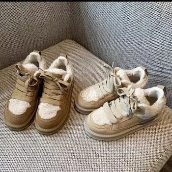 Зимние ботинки на толстой подошве из овечьей шерсти, женские, зимние, 2024, ретро, утепленные, на шнуровке, повседневные, короткие, хлопковые ботинки 35 абрикосовый