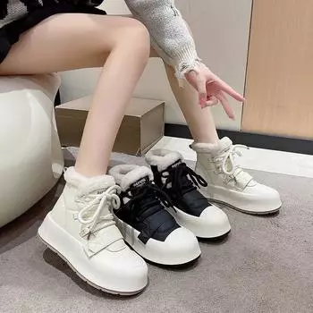 Зимние ботинки на толстой подошве со шнуровкой, высокие кеды и короткие бархатные туфли зимой для женщин, чтобы согреться и предотвратить скольжение. 35 белый