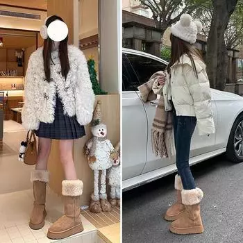 Зимние ботинки на толстой подошве женские 2024 года, новые длинные ботинки из двух видов ткани с начесом, утолщенные высокие хлопковые ботинки 35