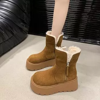 Зимние ботинки на толстой подошве женские новые зимние с боковой молнией, утолщенные короткие ботинки, теплая хлопковая обувь 35 чёрный