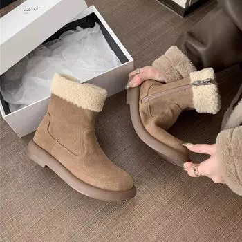 Зимние ботинки на толстой подошве женские туфли 2024 года осень-зима утолщенные хлопковые ботинки теплые пушистые ботинки короткие ботинки 35 хаки