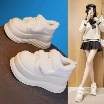 Зимние ботинки на толстой подошве женские, утолщенные, из бархата, два хлопковых сапога, 2024, новые, универсальные, популярные, увеличивающие внутреннюю высоту, женские сапоги 35