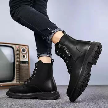 Зимние ботинки Plus Velvet Classic Leather Boots Men Водонепроницаемые мужские ботинки Меховые ботинки на шнуровке Высокие ботинки на щиколотке Ботинки для отдыха на природе Обувь 38 чёрный