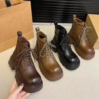 Зимние ботинки Ретро низкие женские весенние и осенние одинарные ботинки Англия толстые подбитые короткие ботинки зима 35 чёрный