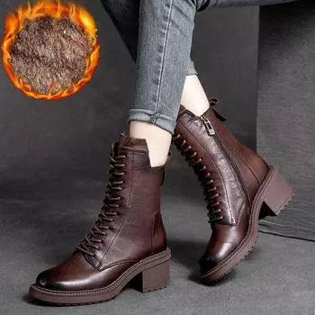 Зимние ботинки с круглым носком, женская обувь из коровьей кожи в стиле ретро, модные высокие универсальные повседневные короткие ботинки 40