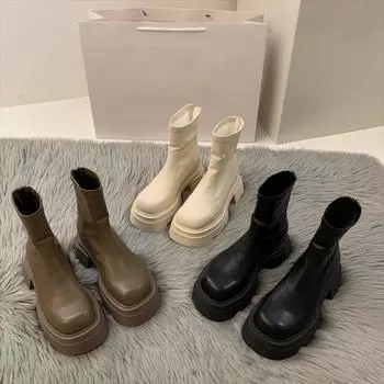 Зимние ботинки с толстой подошвой, белые, с квадратным носком, женские туфли, летние, облегающие, тонкие, весенние и осенние, модные, удобные, универсальные, зимние, короткие ботинки 35 чёрный