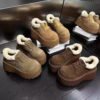 Зимние ботинки с толстой подошвой и усиленной подкладкой, женские осенне-зимние ботинки из меха в стиле ретро Le Fu Cotton Shoes 35 кофейный