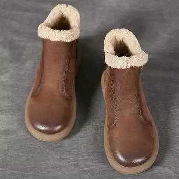Зимние ботинки средней длины из натуральной кожи с круглым носком и плюшем, утолщенные, мягкие и модные женские ботинки 38