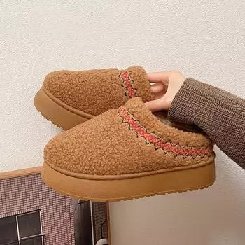 Зимние ботинки в этническом стиле, толстая подошва, модные короткие повседневные ленивые стремена для одной ноги, теплая обувь для женщин 36 чёрный