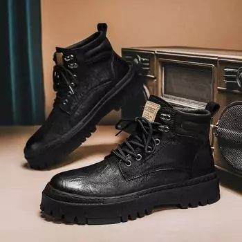 Зимние ботинки в британском стиле для мужчин, кожаные ботильоны, красивые модные рабочие ботинки с высоким берцем, роскошные уличные мужские туфли-лодочки с толстой подошвой 39 чёрный