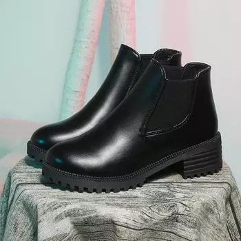 Зимние ботинки в стиле панк, женские кожаные ботинки с круглым носком и эластичной лентой, плюшевые ботинки «Челси» на толстом среднем каблуке с шипами, ботильоны без шнуровки 35 коричневый