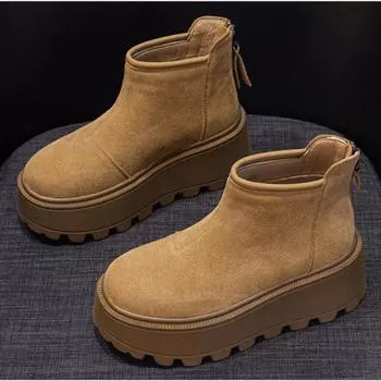 Зимние ботинки женские 2025 года, повседневная мода, универсальные, низкие, теплые, короткие, женские ботинки с молнией сзади, коричневые туфли на платформе 34