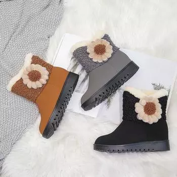 Зимние ботинки, женские ботильоны на платформе, обувь на танкетке, женская обувь, новинка 2024 года, женские утепленные плюшевые теплые зимние ботинки с милым цветком 37 коричневый