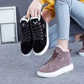 Зимние ботинки женские ботильоны теплые плюшевые ПУ зимние женские туфли на плоской подошве со шнуровкой женские короткие зимние ботинки 35 чёрный