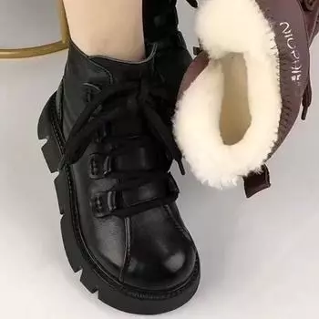 Зимние ботинки женские хлопковые ботинки новые плюшевые теплые ботинки на шнуровке мягкие кожаные нескользящие толстые подошвы высокие мотоциклетные ботинки 35