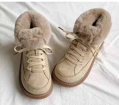 Зимние ботинки женские из коровьей замши со шнуровкой, ботильоны, теплая шерсть, женская зимняя меховая обувь ручной работы 35