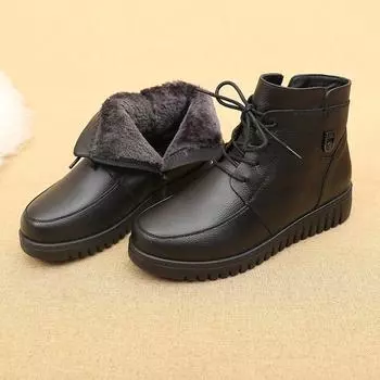 Зимние ботинки женские из натуральной кожи, ботильоны женские на плоской подошве, повседневные зимние ботинки женские короткие плюшевые ботинки на молнии черного цвета 35 чёрный