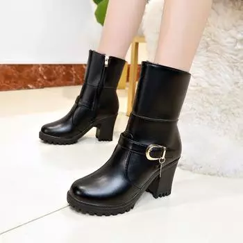 Зимние ботинки женские кожаные ботинки на высоком каблуке черные женские туфли размер 40 сложенные ботинки сохраняют тепло Bota Feminina hju7 4 чёрный